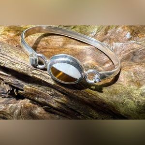 Authentic Mexico 925 signed Bracelet Tiger’s Eye Inlaid & White Stone Quartz
